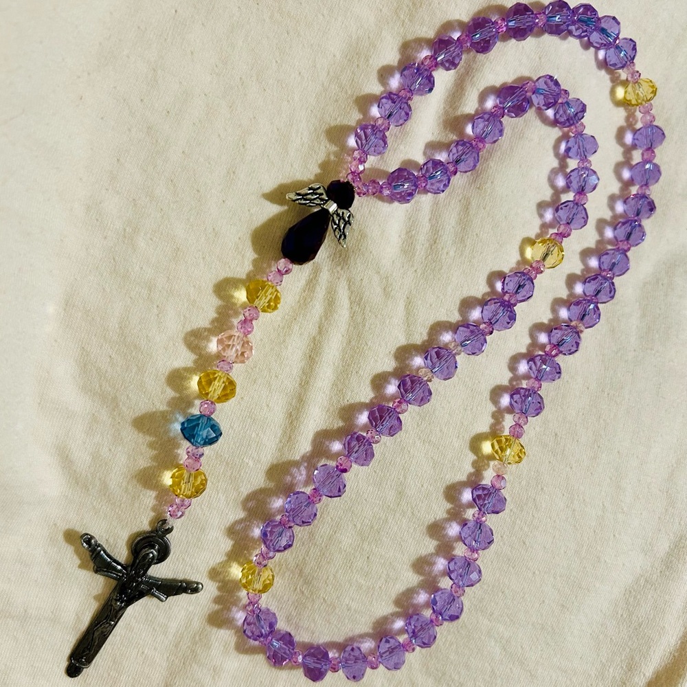 Purple and Yellow Beaded Crystal Necklace Rosary
